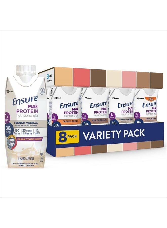 Ensure Max Protein Nutrition Shakes, Variety Pack, With 30g of Protein, 1g of Sugar, Nutrients to Support Immune System Health, High Protein Shake, 11 fl oz, Gluten Free, Pack of 8, Liquid - Image 1
