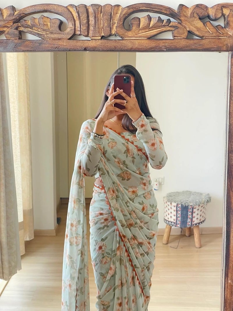 Sidhidata Women's Light Blue Georgette Floral Printed Ready To Wear Saree with Unstitched Blouse Piece - Image 3
