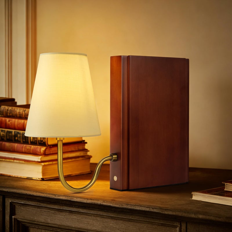 AELS Wooden Bookshelf Lamp with Bulb, Table Lamp with Linen Shade, 3-Color Dimmable Touch Control, Modern Decorative Bookend, Book Sconce for Office Home Bedroom Bookshelf, Dark Brown - Image 1
