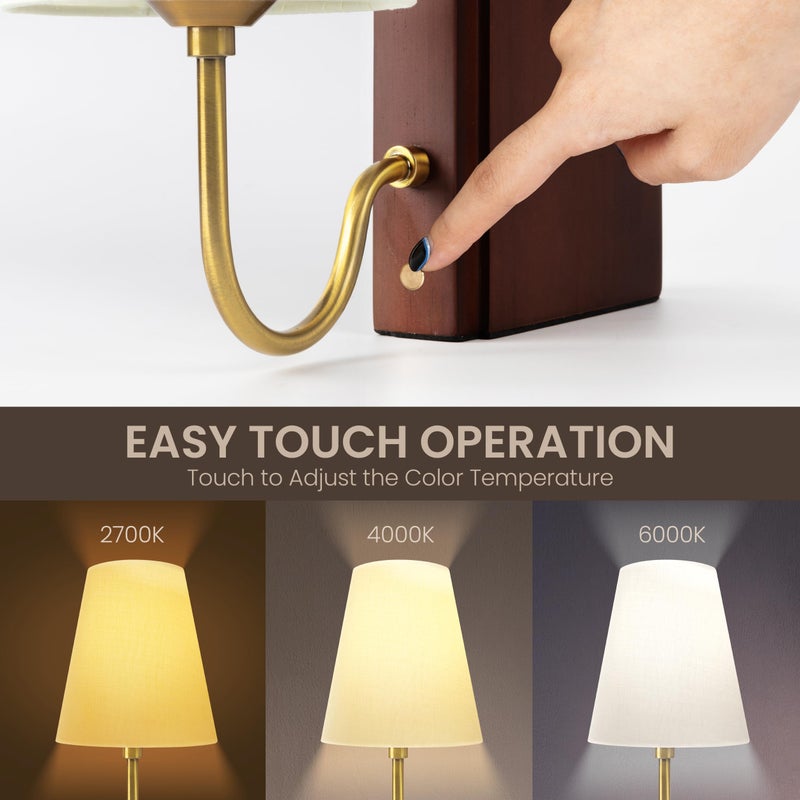 AELS Wooden Bookshelf Lamp with Bulb, Table Lamp with Linen Shade, 3-Color Dimmable Touch Control, Modern Decorative Bookend, Book Sconce for Office Home Bedroom Bookshelf, Dark Brown - Image 4