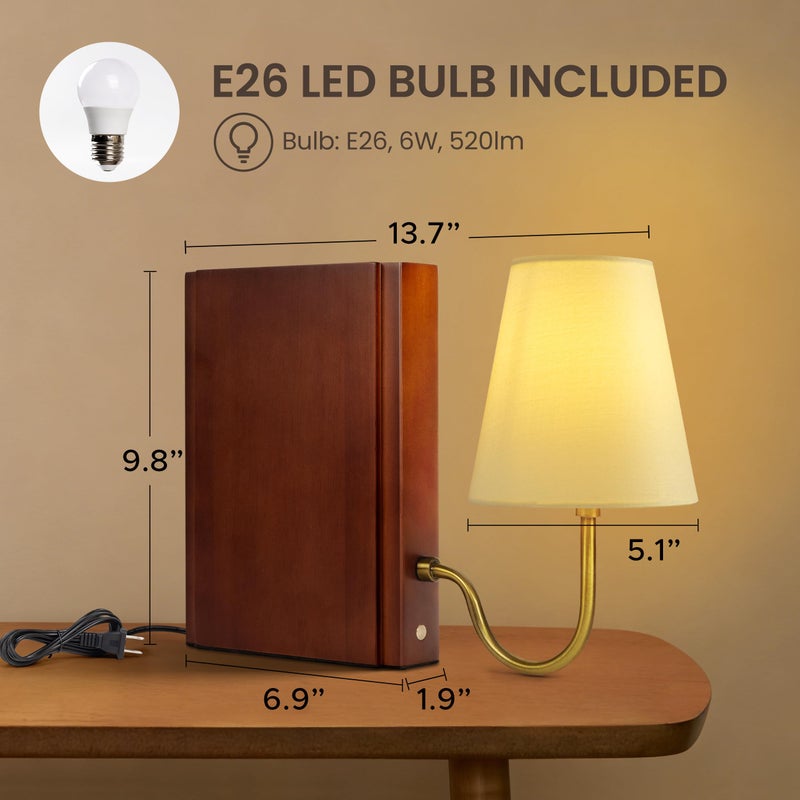AELS Wooden Bookshelf Lamp with Bulb, Table Lamp with Linen Shade, 3-Color Dimmable Touch Control, Modern Decorative Bookend, Book Sconce for Office Home Bedroom Bookshelf, Dark Brown - Image 3