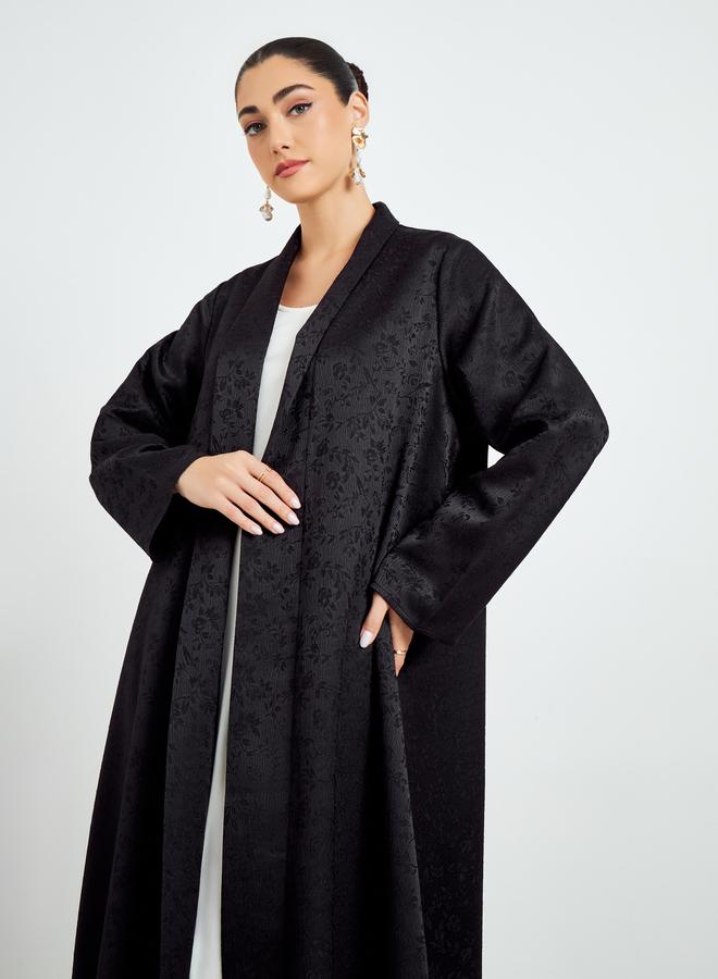 Amirah Black Jacquard Front Open Abaya - Image 2