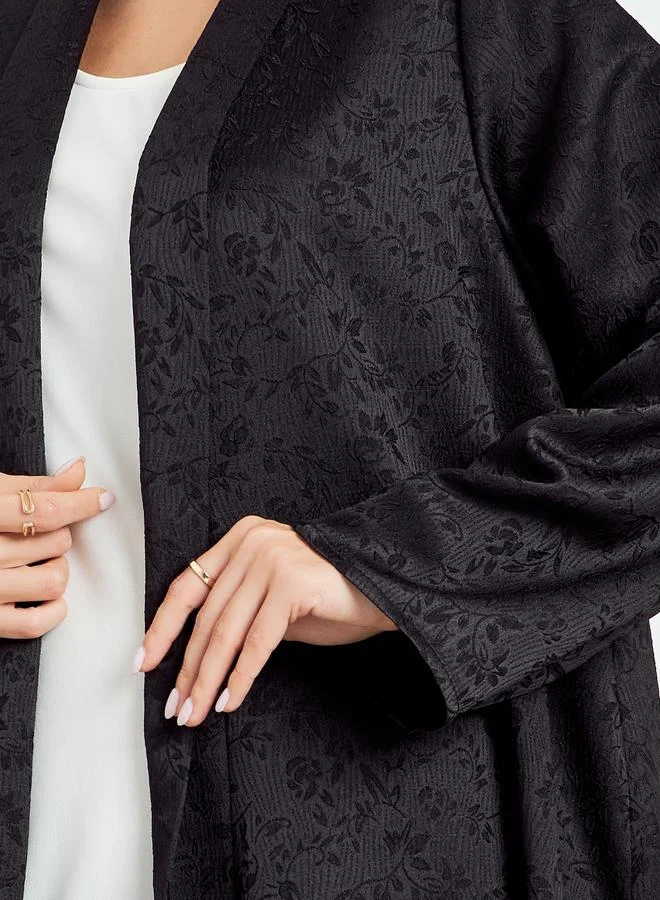 Amirah  Black Jacquard Front Open Abaya for Women | Best Price UAE