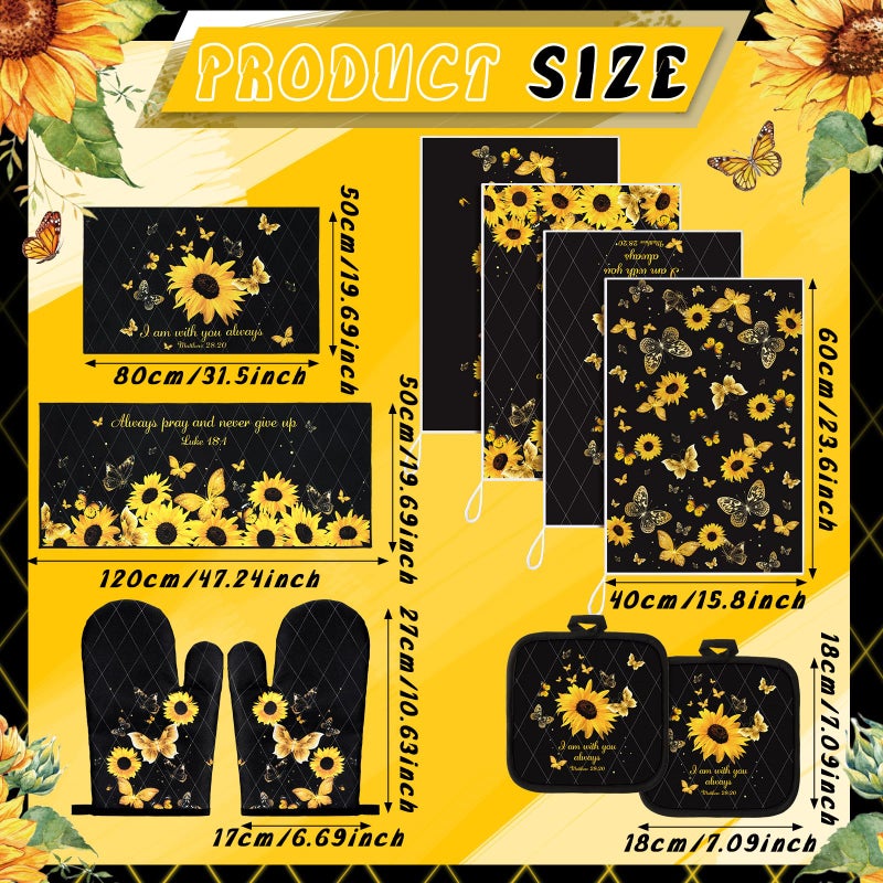 Fourluoo 10 Pcs Sunflower Butterfly Kitchen Dish Towels Rugs Oven Mitts and Pot Holders Set Farmhouse Kitchen Decor Set for Women Mom Daughter Gift Cooking Baking Grilling (Bright Black) - Image 3