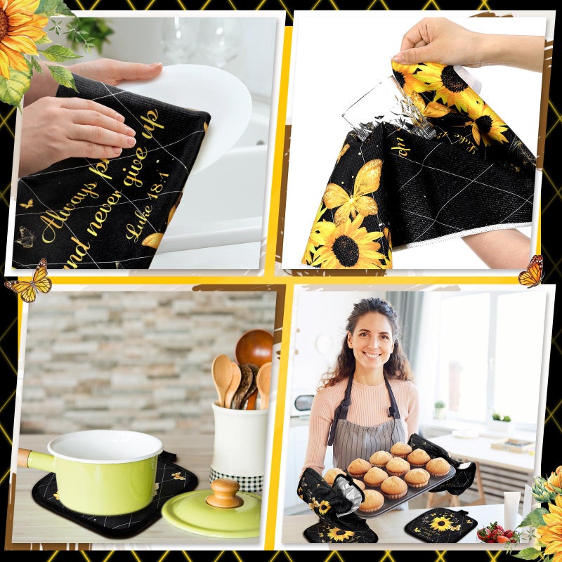 Fourluoo 10 Pcs Sunflower Butterfly Kitchen Dish Towels Rugs Oven Mitts and Pot Holders Set Farmhouse Kitchen Decor Set for Women Mom Daughter Gift Cooking Baking Grilling (Bright Black) - Image 4