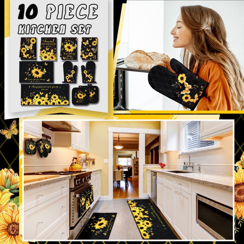 Fourluoo 10 Pcs Sunflower Butterfly Kitchen Dish Towels Rugs Oven Mitts and Pot Holders Set Farmhouse Kitchen Decor Set for Women Mom Daughter Gift Cooking Baking Grilling (Bright Black) - Image 2
