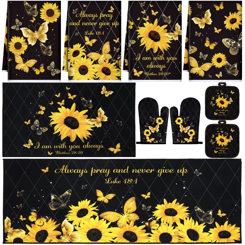 Fourluoo 10 Pcs Sunflower Butterfly Kitchen Dish Towels Rugs Oven Mitts and Pot Holders Set Farmhouse Kitchen Decor Set for Women Mom Daughter Gift Cooking Baking Grilling (Bright Black) - Image 1
