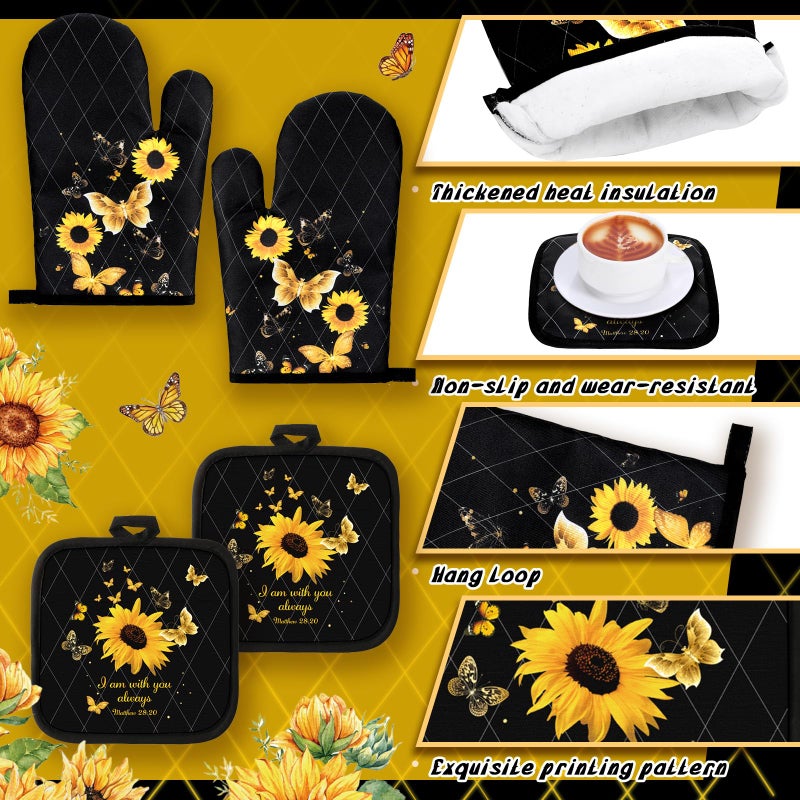 Fourluoo 10 Pcs Sunflower Butterfly Kitchen Dish Towels Rugs Oven Mitts and Pot Holders Set Farmhouse Kitchen Decor Set for Women Mom Daughter Gift Cooking Baking Grilling (Bright Black) - Image 5