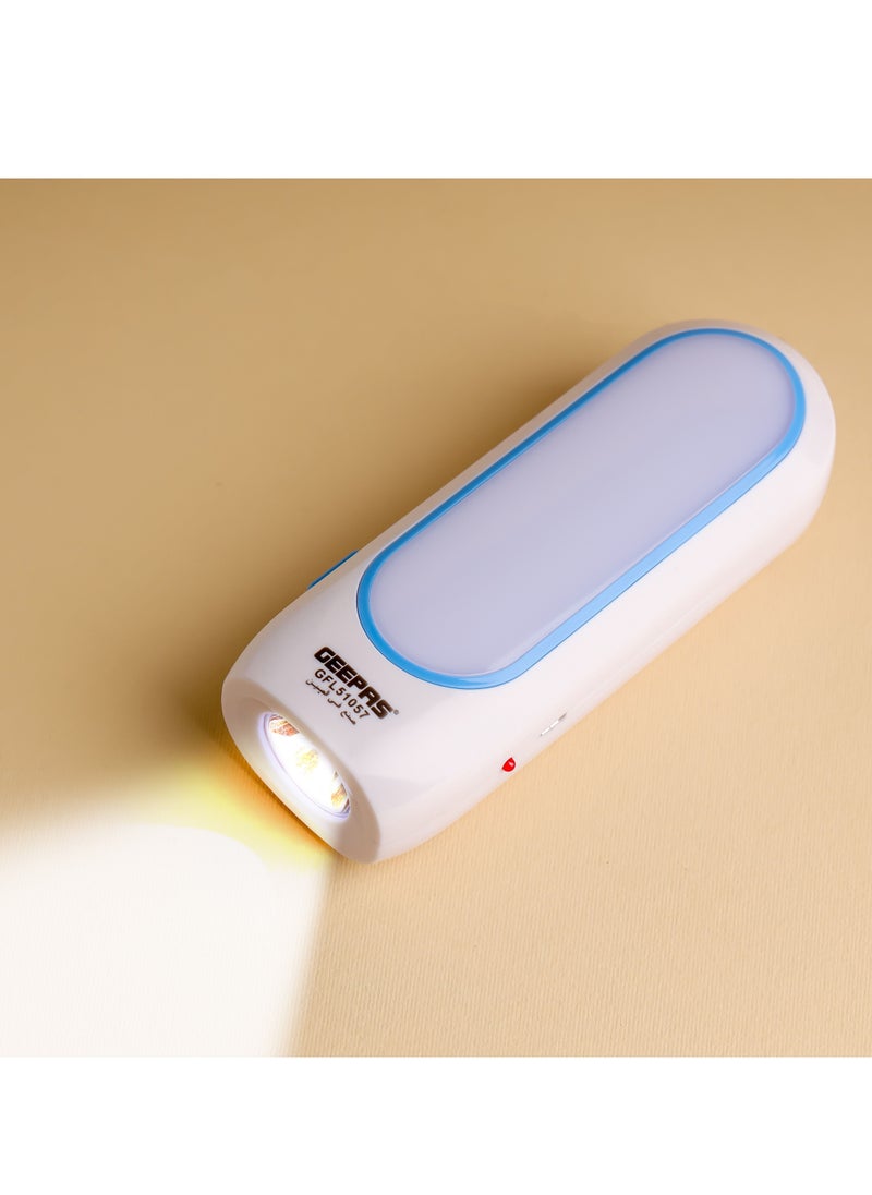 GEEPAS - Geepas Rechargeable LED Flashligh GFL51057 Perfect for Indoor and Outdoor Use 3.5 Hours Continuous Working 2 IN 1 Flashlight with Sidelight and Headlight with Lead Acid Battery - Image 1