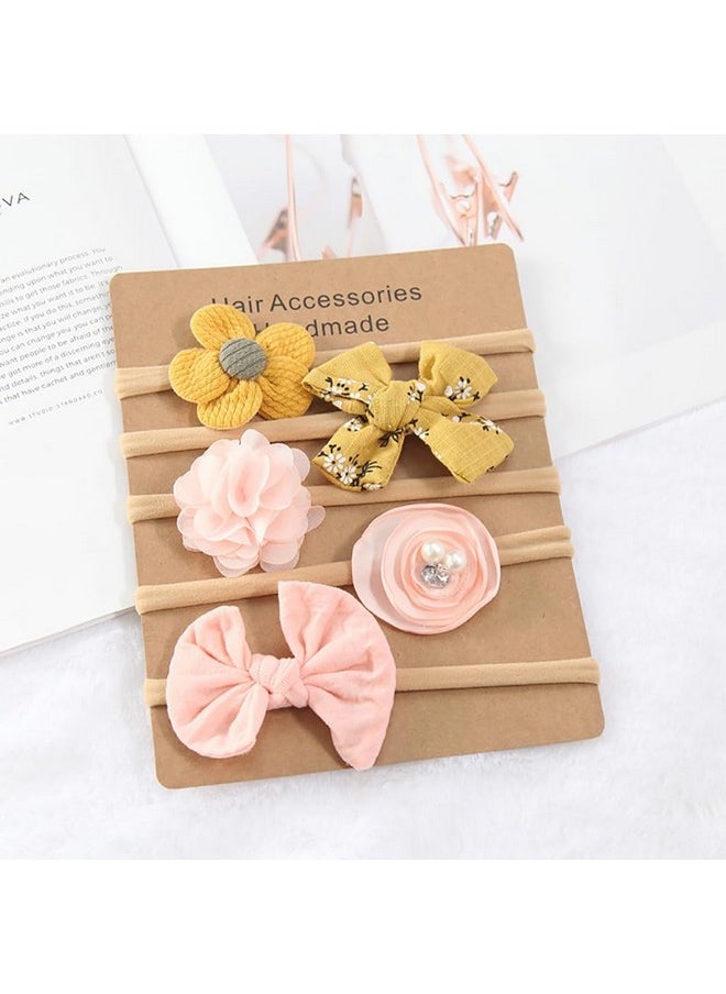 ANZAILALA - Baby Hair Band 5 Pcs Hairband For Baby Girl Flower Hairband For New Born Baby Girl 0-6 Months (Yellow + Pink) - Image 1