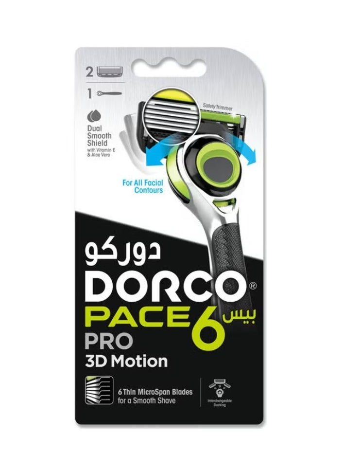 DORCO Set of Pace6 Pro 3D Motion System Razor + 2 Catridges Black 