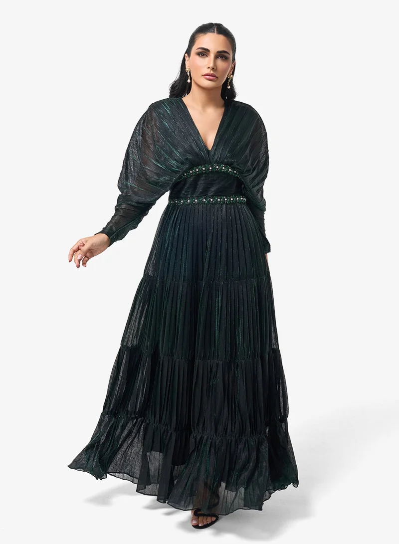 Threadz by Ajooni  Puff Sleeve V-Neck Maxi Dress for Women | Best Price UAE