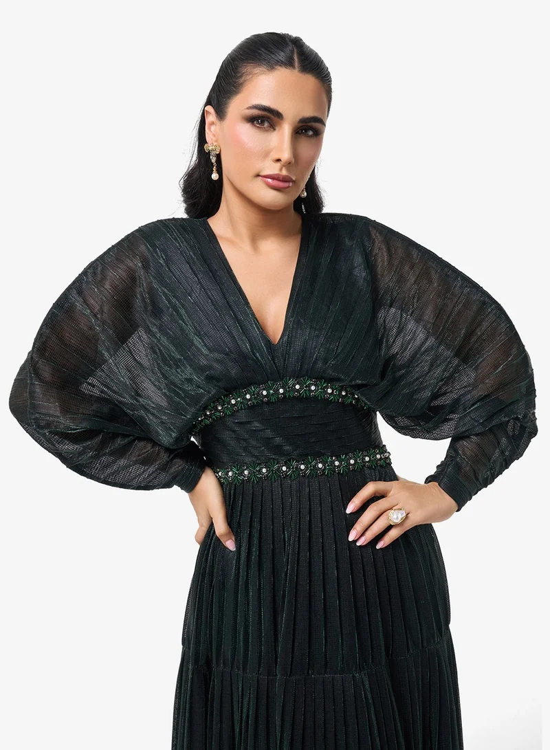 Threadz by Ajooni  Puff Sleeve V-Neck Maxi Dress for Women | Best Price UAE