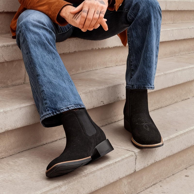 Choiran Western Cowboy Boots for Men - Mens Square Toe Chelsea Boots Ankle Cowboy Boots for Men Casual Retro Stylish Boots Suede Black - Image 2