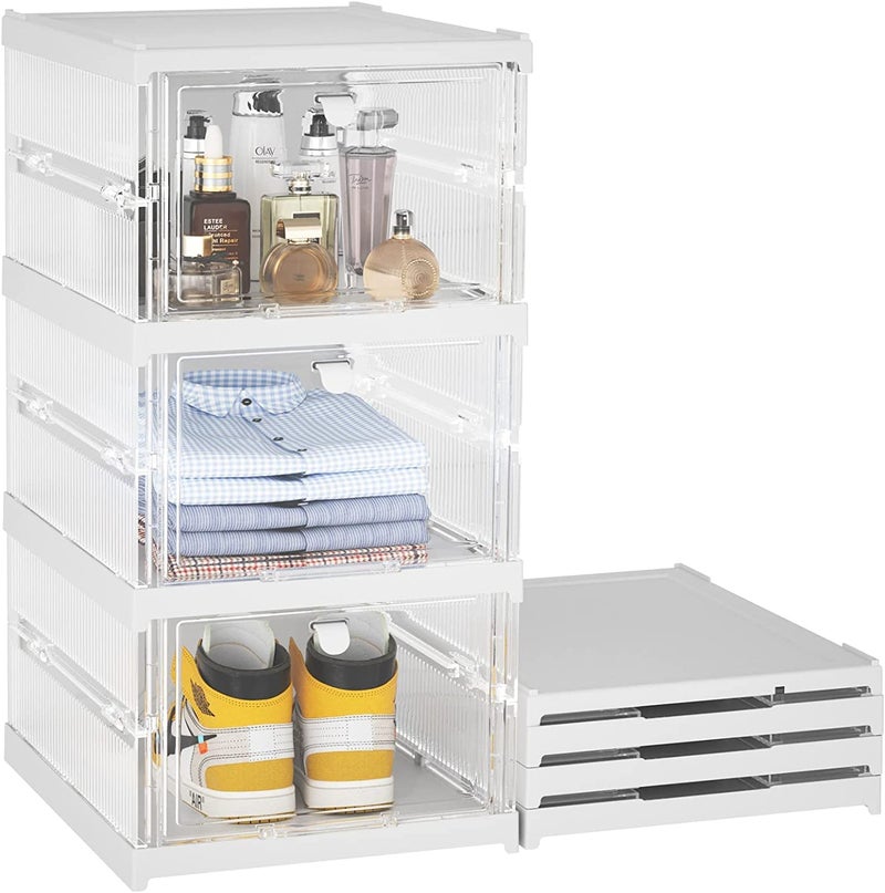 PROSFIA InstallationFree Shoe Box Foldable Stackable Clear Shoe Storage Box Storage Bins Shoe Container Organizer 3Layer Shoe Box White