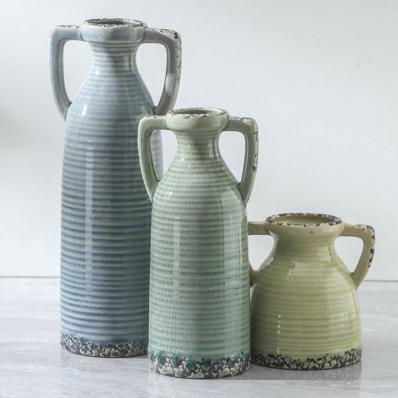 Lyeec Ceramic Vase Set of 3 - Farmhouse Vase Set for Modern Decoration, Rustic Crackle Round Vases for Home Decor, Dining Table, Living Room, Kitchen, Office, Shelf - Multicolor - Image 1