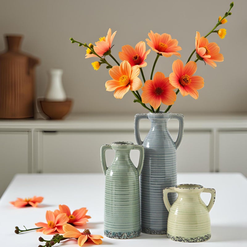 Lyeec Ceramic Vase Set of 3 - Farmhouse Vase Set for Modern Decoration, Rustic Crackle Round Vases for Home Decor, Dining Table, Living Room, Kitchen, Office, Shelf - Multicolor - Image 5