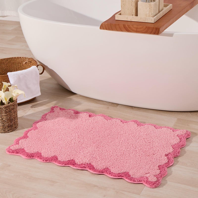 ORTIGIA Cute Pink Scalloped Bath Mat, Fun Plush Microfiber Scallop Bathroom Rugs Non Slip Washable Quick Dry Absorbent, Bathmat Bath Rug Carpet for Shower Stall Vanities Kitchen Floor Entrance, 20x32 - Image 1