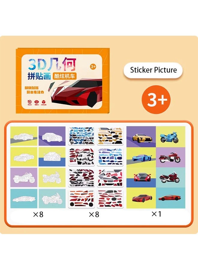 Generic Paper 3D Geometric Collage for Kids, 3D Jigsaw Puzzle Toys, DIY Sticker Picture Jigsaw Puzzle Game for Adults and Kids, Contains 8 Theme Cards, 8 Accessory Cards, Cool Cars  - Image 1