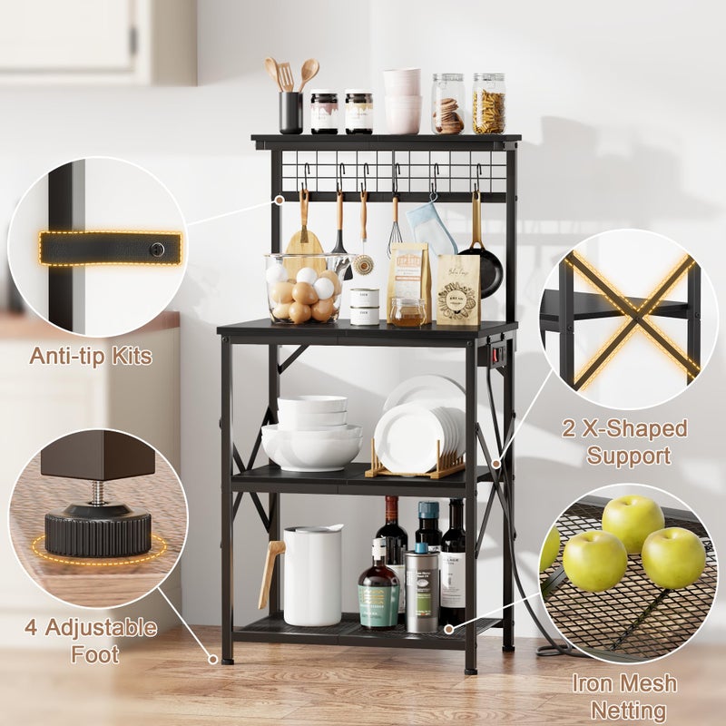 Furologee Kitchen Bakers Rack with Power Outlet, Microwave Oven Stand with Storage 4 Tiers, Coffee Bar Table with 6 S Hooks, Kitchen Storage Shelf Rack for Spices, Pots,Black - Image 5