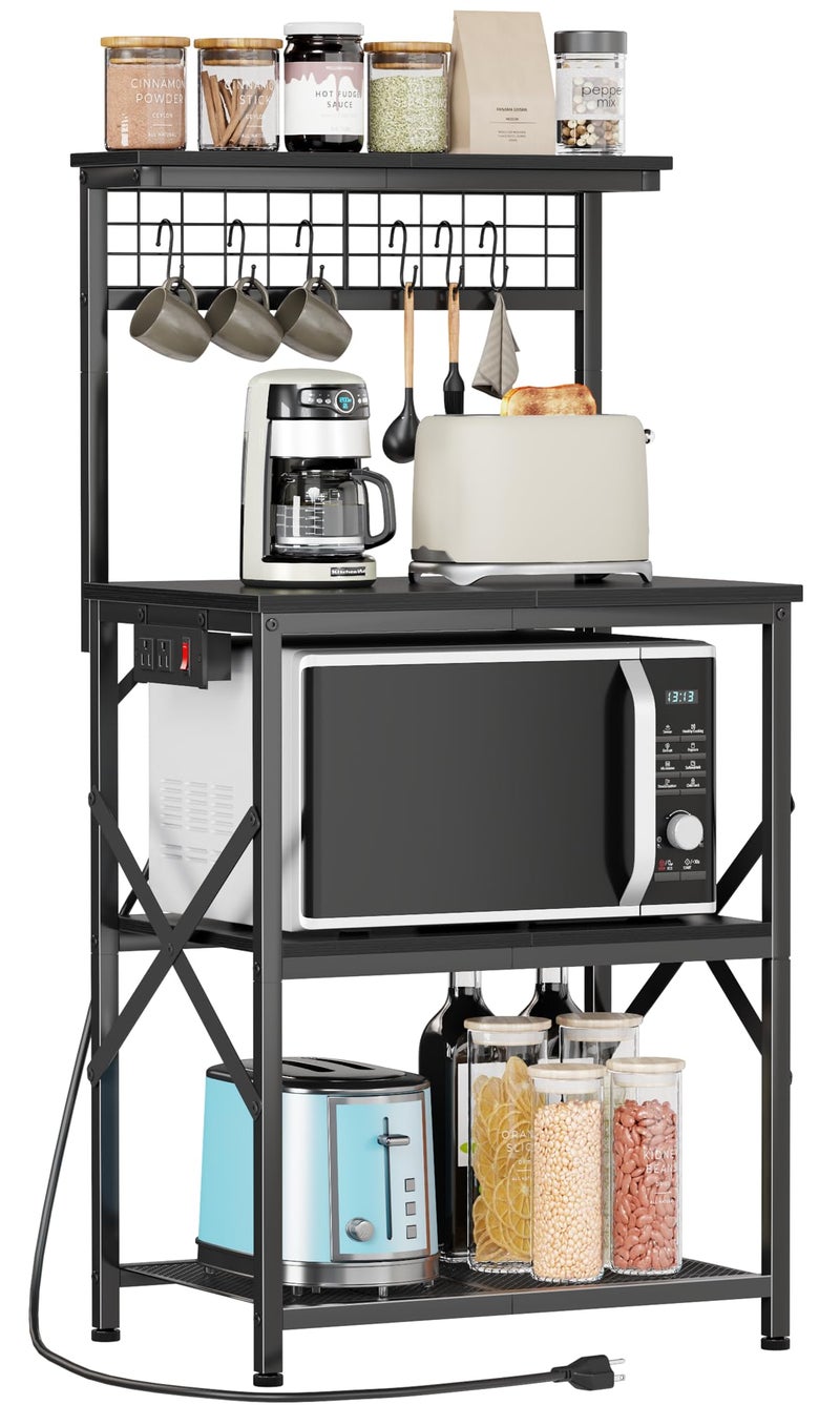 Furologee Kitchen Bakers Rack with Power Outlet, Microwave Oven Stand with Storage 4 Tiers, Coffee Bar Table with 6 S Hooks, Kitchen Storage Shelf Rack for Spices, Pots,Black - Image 1