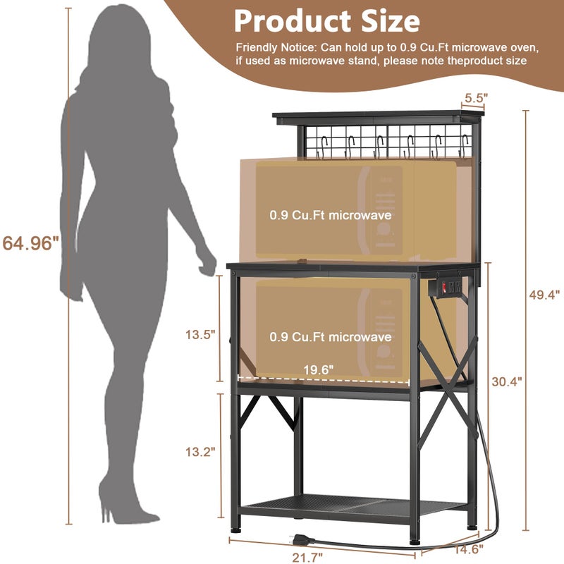 Furologee Kitchen Bakers Rack with Power Outlet, Microwave Oven Stand with Storage 4 Tiers, Coffee Bar Table with 6 S Hooks, Kitchen Storage Shelf Rack for Spices, Pots,Black - Image 3