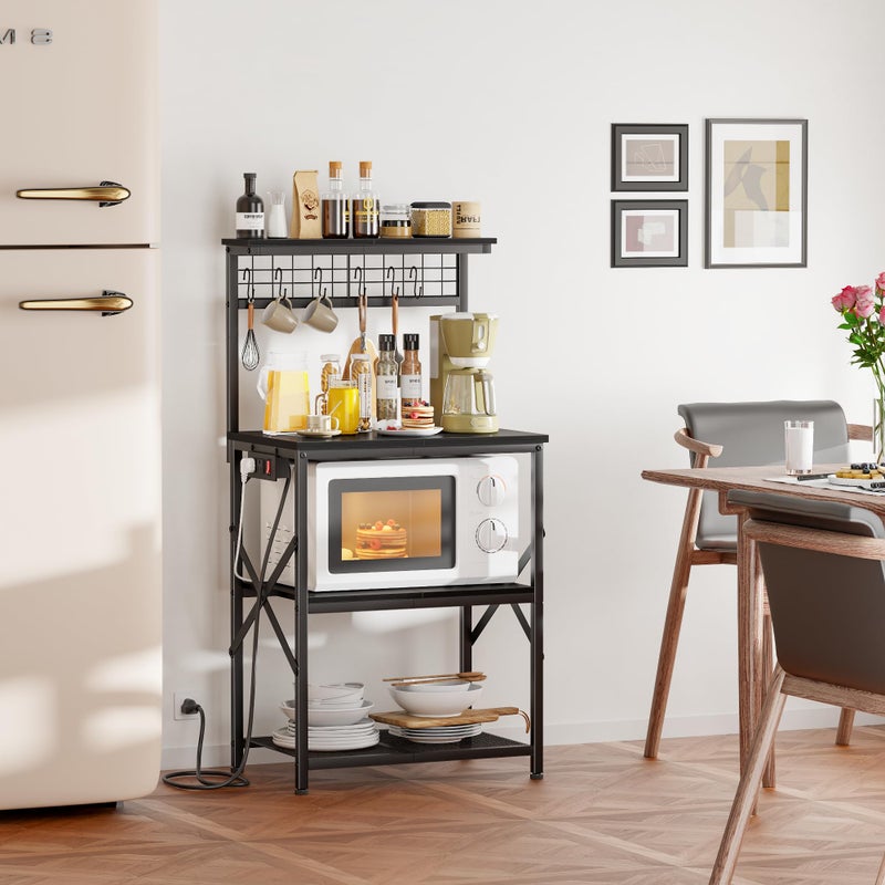 Furologee Kitchen Bakers Rack with Power Outlet, Microwave Oven Stand with Storage 4 Tiers, Coffee Bar Table with 6 S Hooks, Kitchen Storage Shelf Rack for Spices, Pots,Black - Image 2