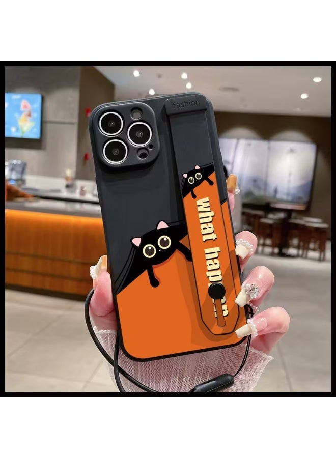 Temu A durable silicone phone case with a cute black cat design and a wrist strap for easy browsing. This case combines protection and convenience, making it suitable for iPhones and offering shock and scratch resistance. Compatible with iPhone 16 Pro. - Image 1