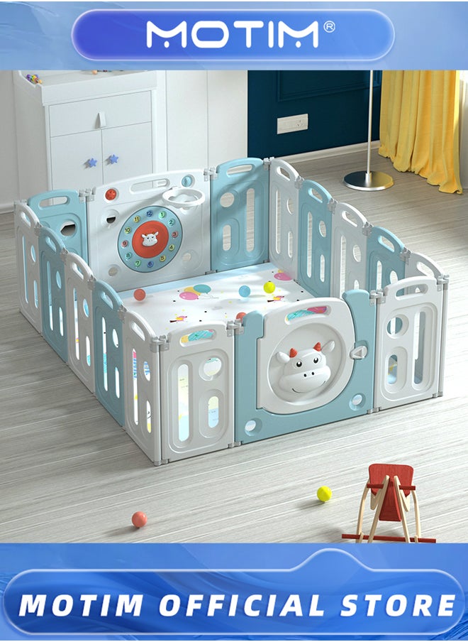 Motim Baby Playpen 14-Panel Extra Large Foldable Kids Activity Center Safety Play Yard Portable Baby Fence for Babies and Toddlers Home Indoor Outdoor Use (12+2 Pcs, Blue)  - Image 4