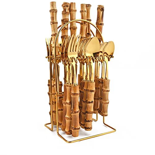Snplowum 24-Piece Gold Stainless Steel Flatware Set, Bamboo Handle Cutlery with Stand Dinnerware Set Include Knife Fork Spoon And Teaspoon, Service For 6, Mirror Finished. - Image 1