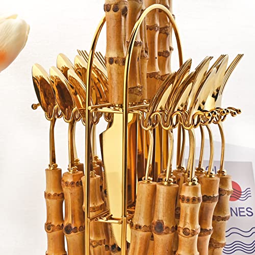 Snplowum 24-Piece Gold Stainless Steel Flatware Set, Bamboo Handle Cutlery with Stand Dinnerware Set Include Knife Fork Spoon And Teaspoon, Service For 6, Mirror Finished. - Image 3