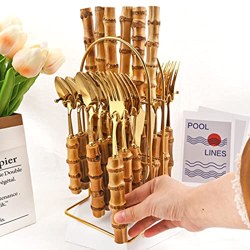 Snplowum 24-Piece Gold Stainless Steel Flatware Set, Bamboo Handle Cutlery with Stand Dinnerware Set Include Knife Fork Spoon And Teaspoon, Service For 6, Mirror Finished. - Image 2