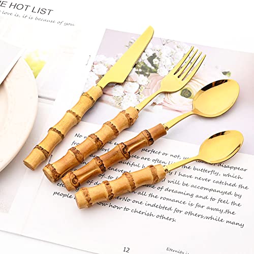 Snplowum 24-Piece Gold Stainless Steel Flatware Set, Bamboo Handle Cutlery with Stand Dinnerware Set Include Knife Fork Spoon And Teaspoon, Service For 6, Mirror Finished. - Image 5