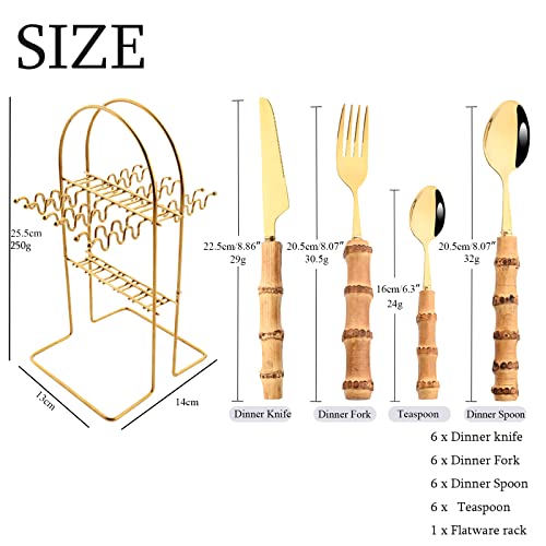 Snplowum 24-Piece Gold Stainless Steel Flatware Set, Bamboo Handle Cutlery with Stand Dinnerware Set Include Knife Fork Spoon And Teaspoon, Service For 6, Mirror Finished. - Image 4
