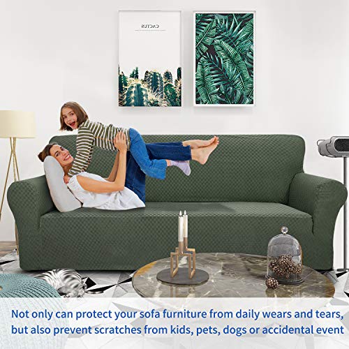 ZNSAYOTX 1 Piece Jacquard Couch Covers for 3 Cushion Couch Living Room High Stretch Sofa Cover Pets Dogs Friendly Anti Slip Thickened Slipcovers Furniture Protector (Sofa, Army Green) - Image 2