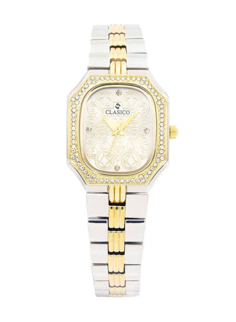Clasico Eleganza Women Premium Analog Watch 30mm – Dual Tone Silver & Gold – Crystal Studded Bezel  - Image 1