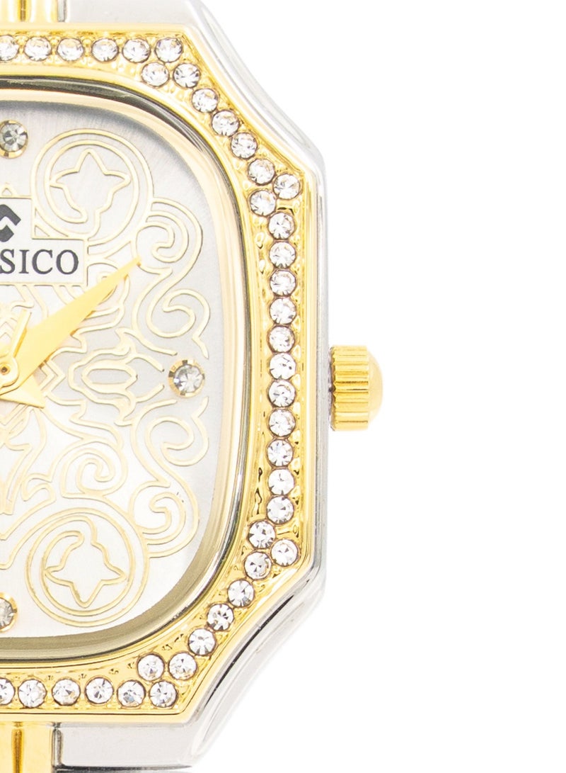Clasico Eleganza Women Premium Analog Watch 30mm – Dual Tone Silver & Gold – Crystal Studded Bezel  - Image 3