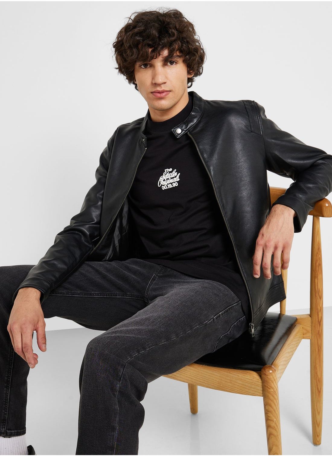 Jack & Jones Essentials faux leather biker jacket in black