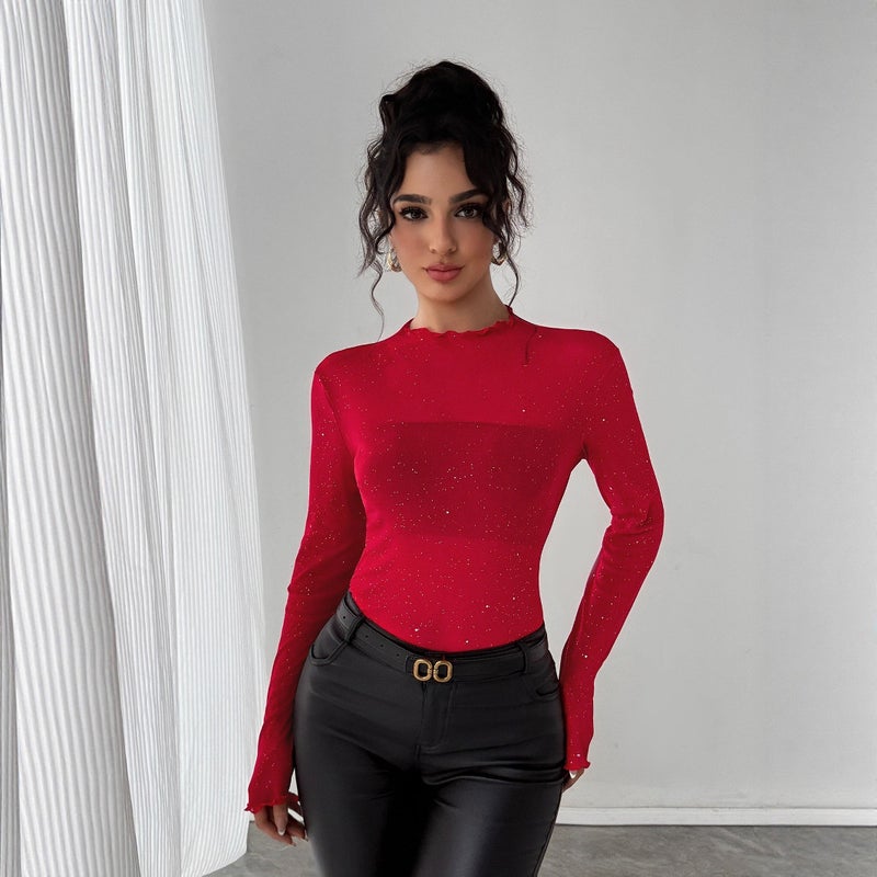 Early Autumn New Sequined Top for Women,Slim-Fit Long-Sleeve Shiny Bling Thin Commuter Top