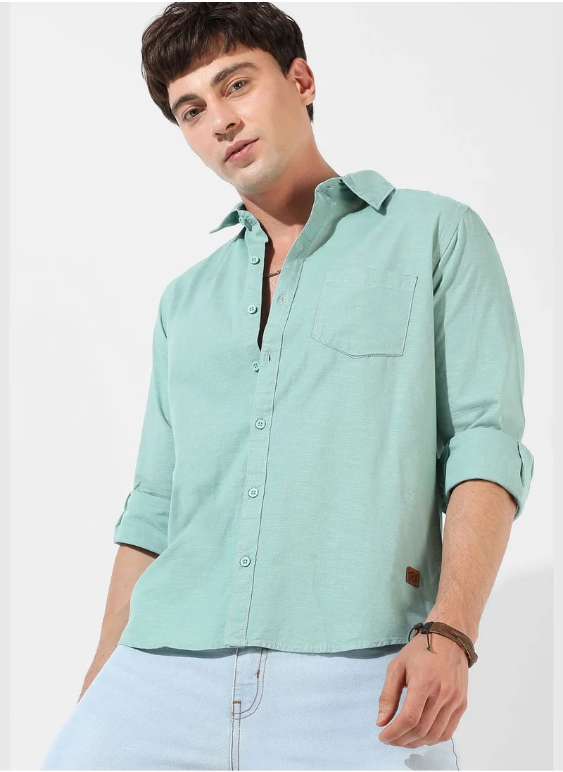 Campus Sutra Solid Spread Collar Long Sleeve Shirt