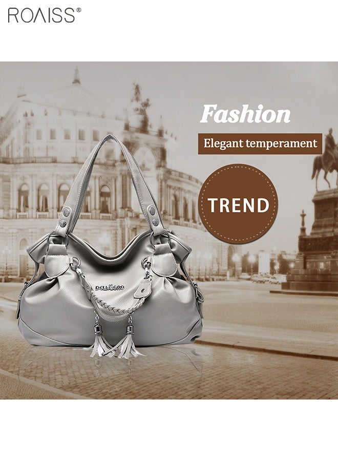 roaiss Women's PU Tote Bag Fashion Soft Leather Tassel Bag Large Capacity Handbag Soft Leather Shoulder Bag  - Image 5