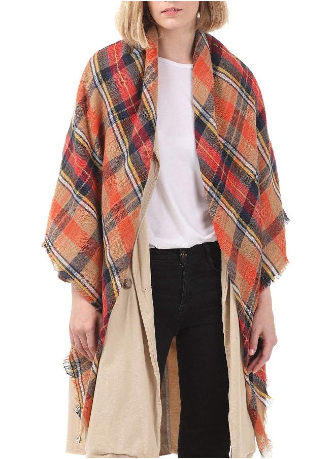 American Trends Trendy Women's Cozy Warm Winter Fall Blanket Scarf Stylish Soft Chunky Checked Giant Scarves Shawl Cape Orange  - Image 2