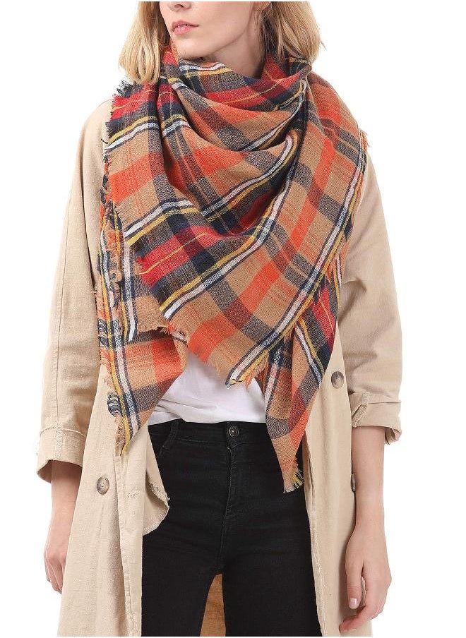 American Trends Trendy Women's Cozy Warm Winter Fall Blanket Scarf Stylish Soft Chunky Checked Giant Scarves Shawl Cape Orange  - Image 1