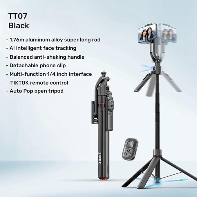 FKU Smart Tracking Gimbal Selfie Stick with AI Face Tracking, Auto Pop-Open Tripod, Stable Gimbal & Detachable Phone Holder (TT07) - Image 5