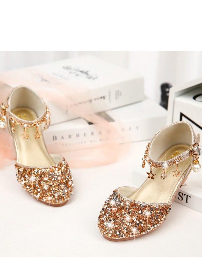 Best Gift Fashion Children High Heel Princess Kids Leather Shoes Summer New Girls Sandals Flower Casual Glitter Crystal Student Party Banquet Shoe  - Image 1