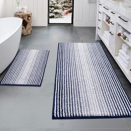 BSICPRO Bathroom Rugs and Mats Sets, 2 Piece Thick Absorbent Chenille Non Slip Soft Shaggy Floor Mats Machine Washable (20" x 47" Plus 16" x 24", Navy) - Image 1