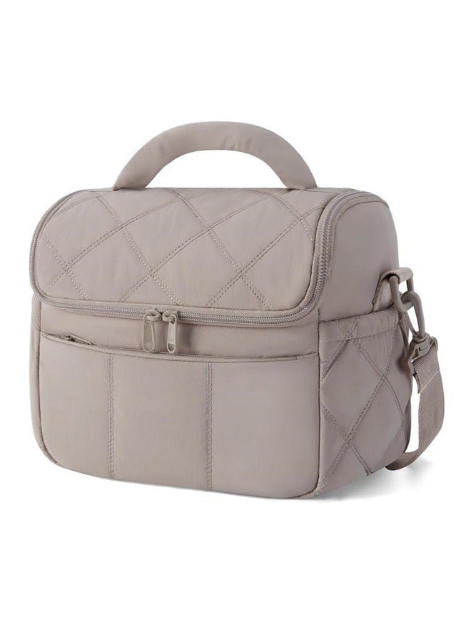 Quilted Insulated Lunch Bag with Shoulder Strap, Reusable Lunch Tote for Women Men, Perfect for Work/School/Picnic( Khaki )  - Image 1