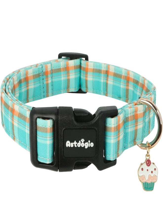 Astdogio Dog Collar with Blue Green Striped Checkered for Spring Summer, Adjustable Cotton Puppy Collar for Small Medium Large Girl Boy Dogs-L - Image 1