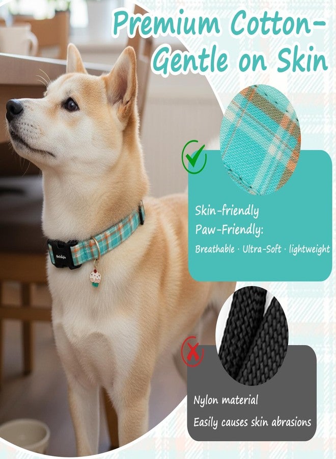 Astdogio Dog Collar with Blue Green Striped Checkered for Spring Summer, Adjustable Cotton Puppy Collar for Small Medium Large Girl Boy Dogs-L - Image 4