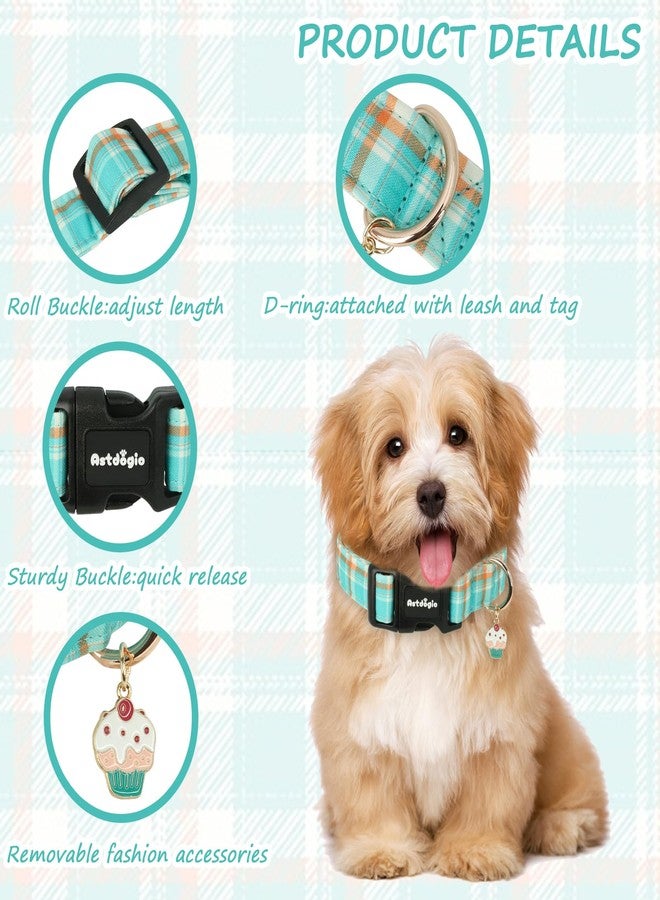 Astdogio Dog Collar with Blue Green Striped Checkered for Spring Summer, Adjustable Cotton Puppy Collar for Small Medium Large Girl Boy Dogs-L - Image 3